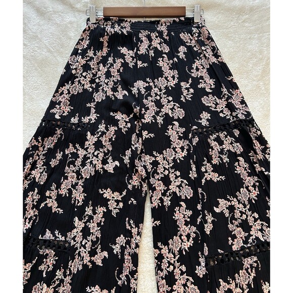 Angie Womens Pants Small Wide Leg Black Floral Lace Inserts Boho Beach Palazzo - Picture 6 of 12